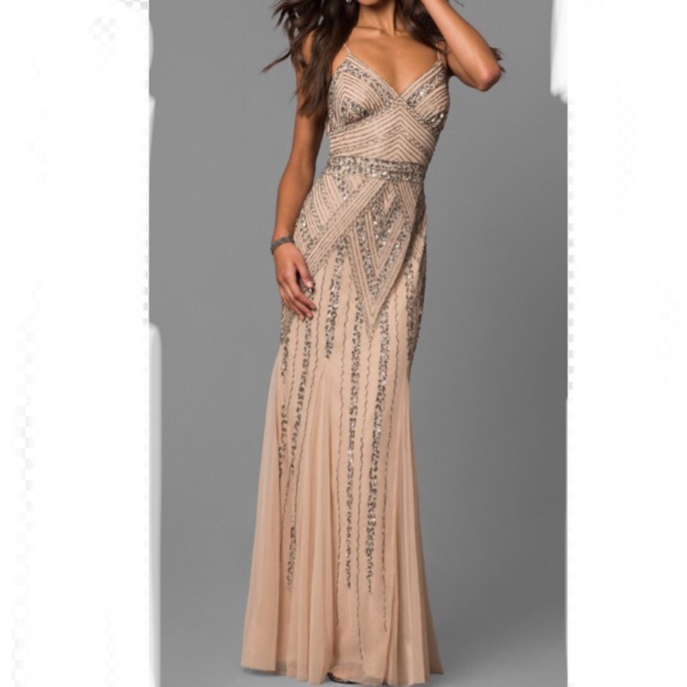 Long Beaded Champagne Gown